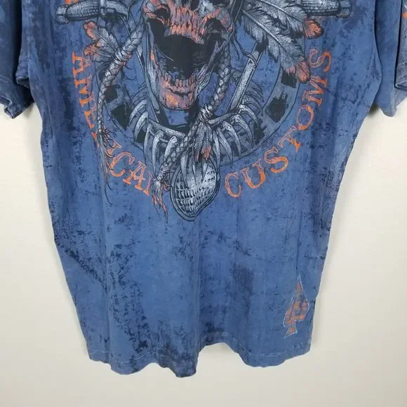 Affliction American Customs Warpath Blue Distressed Skull Graphic T-Shirt Sz XL - Picture 10 of 13